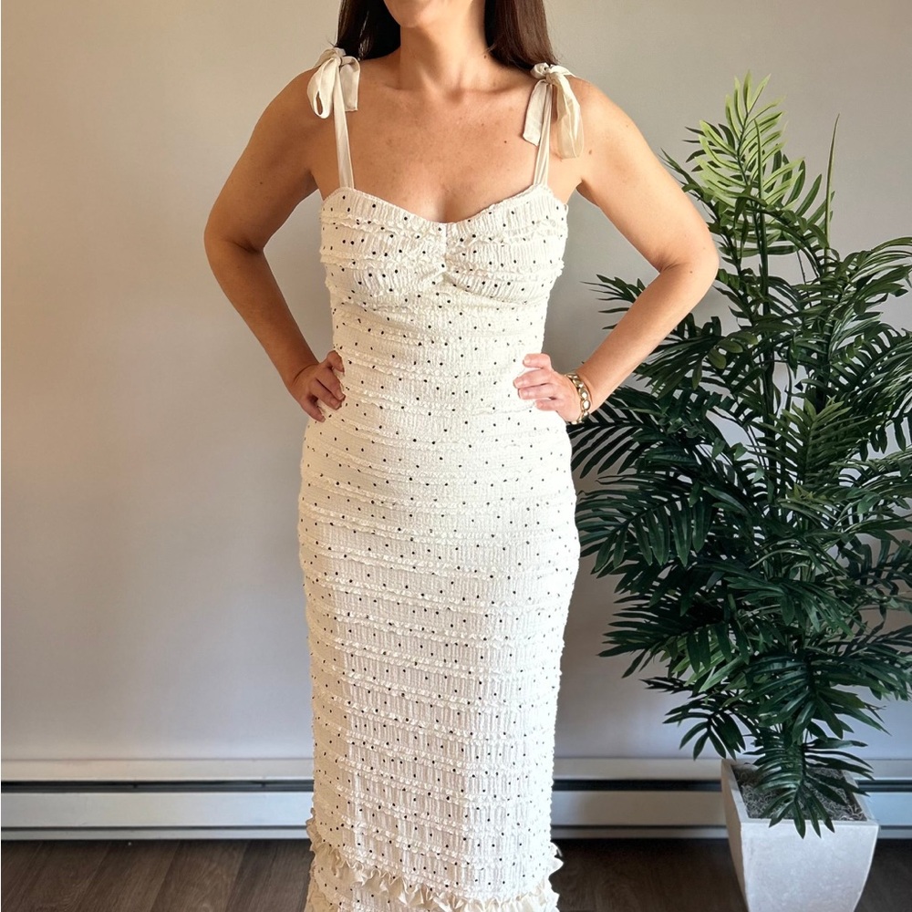NWT Stretchy Cream & Black Tie-Strap Polka Dot Lace Midi Dress Ruffle Hem Small